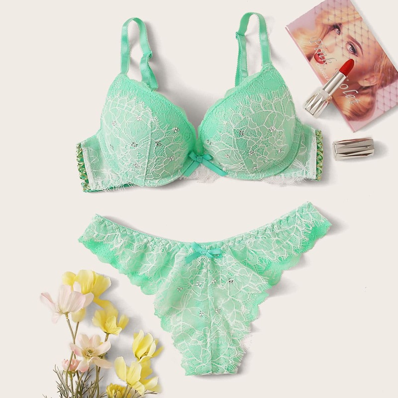 

Rhinestone Floral Lace Lingerie Set, Green
