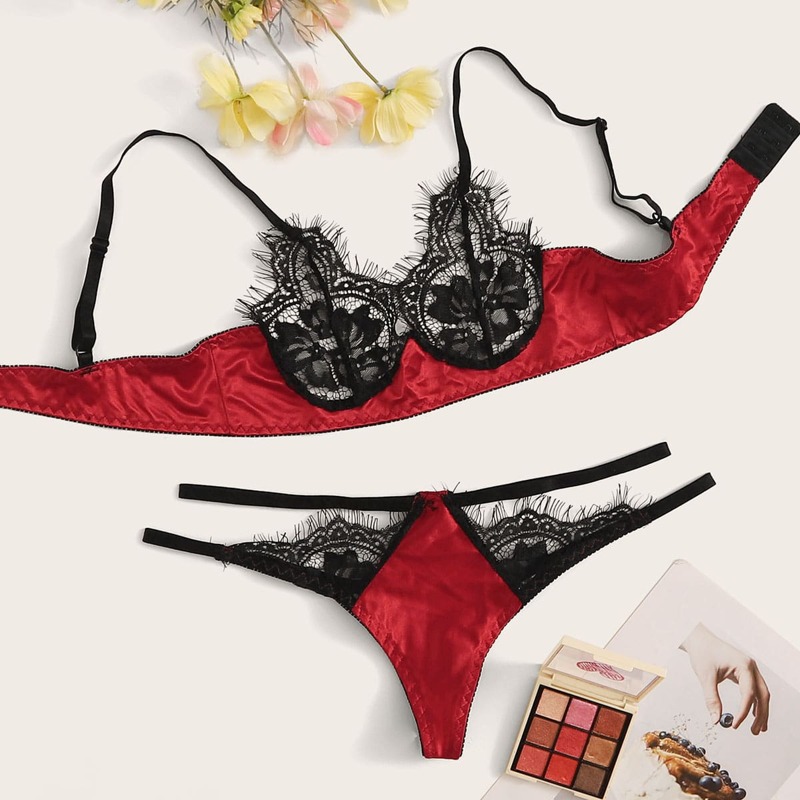 

Floral Lace Satin Lingerie Set, Multicolor