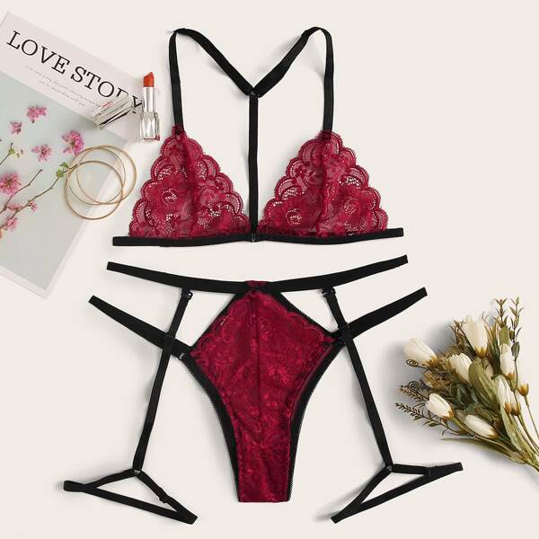 

Floral Lace Garter Lingerie Set, Burgundy