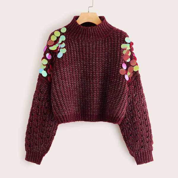 

Contrast Sequin Ripped Detail Lantern Sleeve Sweater, Burgundy