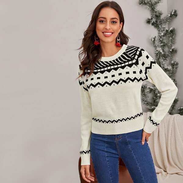 

Fair Isle Raglan Sleeve Sweater, Beige pastel