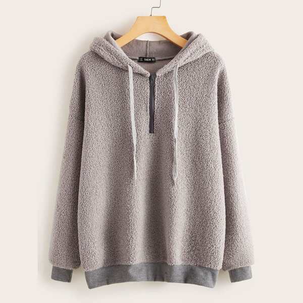 

Drop Shoulder Zipper Drawstring Teddy Hoodie, Grey