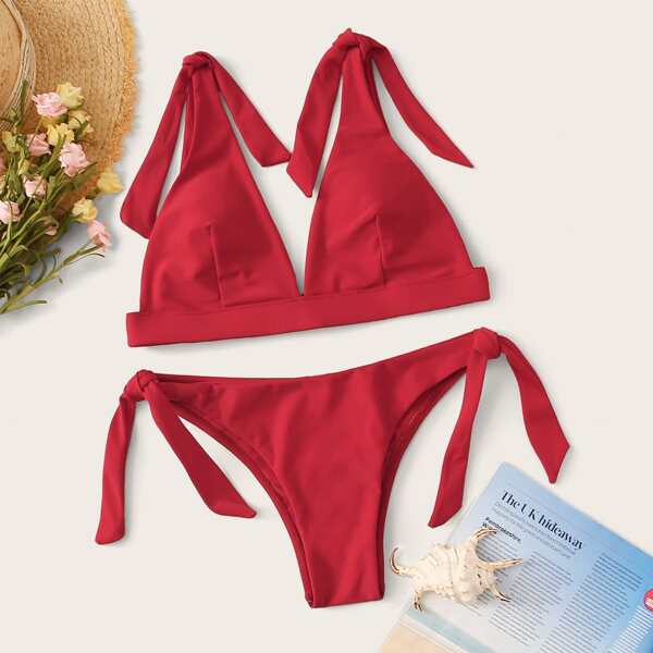 

Tie Shoulder Top With Tie Side Bikini, Red