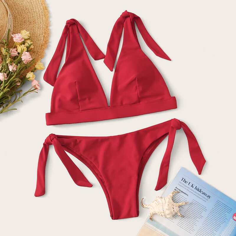 

Tie Shoulder Top With Tie Side Bikini, Red
