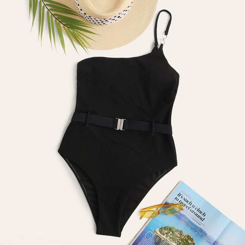 

Belted One Shoulder One Piece Swimwear, Black
