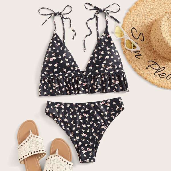 

Ditsy Floral Random Print Ruffle Hem Tankini Set, Black
