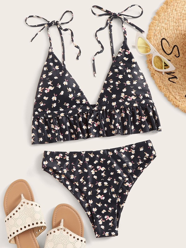 

Ditsy Floral Random Print Ruffle Hem Tankini Set, Black