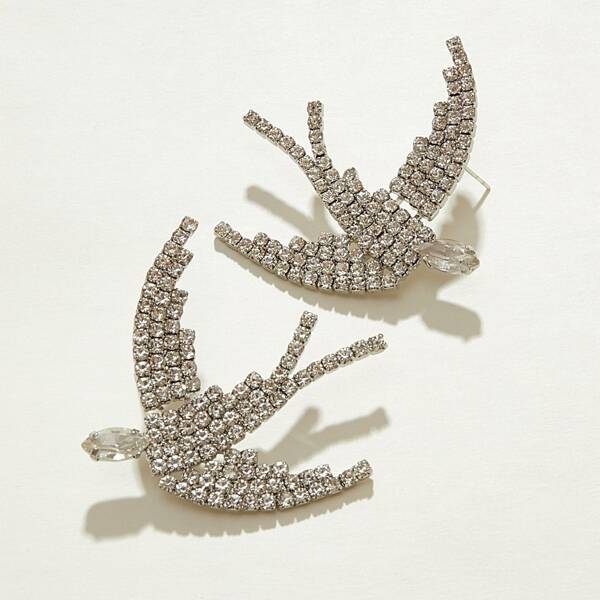

1pair Rhinestone Engraved Sparrow Earrings, Silver