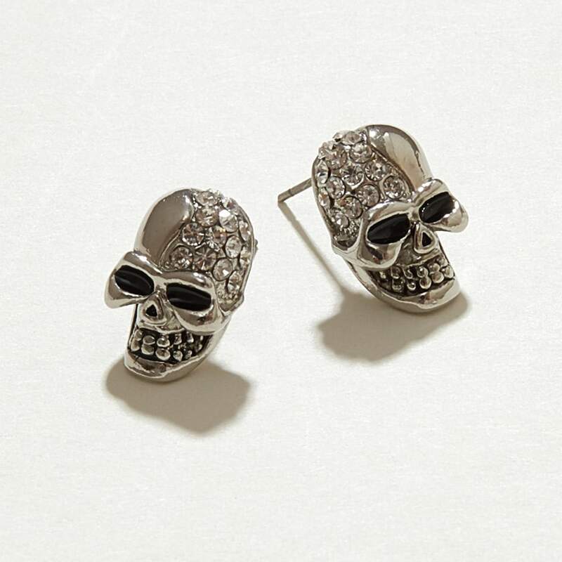 

1pair Rhinestone Engraved Skull Stud Earrings, Silver