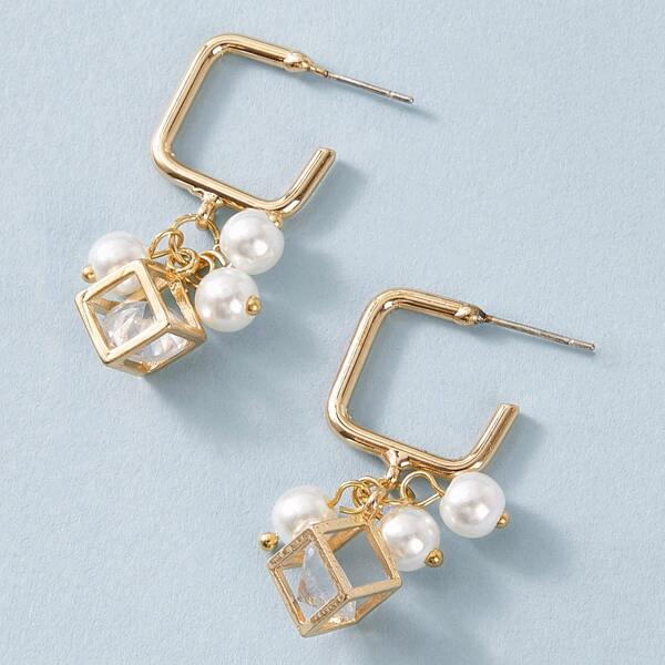 

1pair Pearl & Rhinestone Drop Earrings, Multicolor