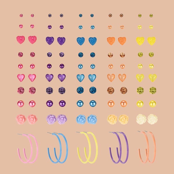 

50pairs Heart & Flower Shaped Earrings, Multicolor
