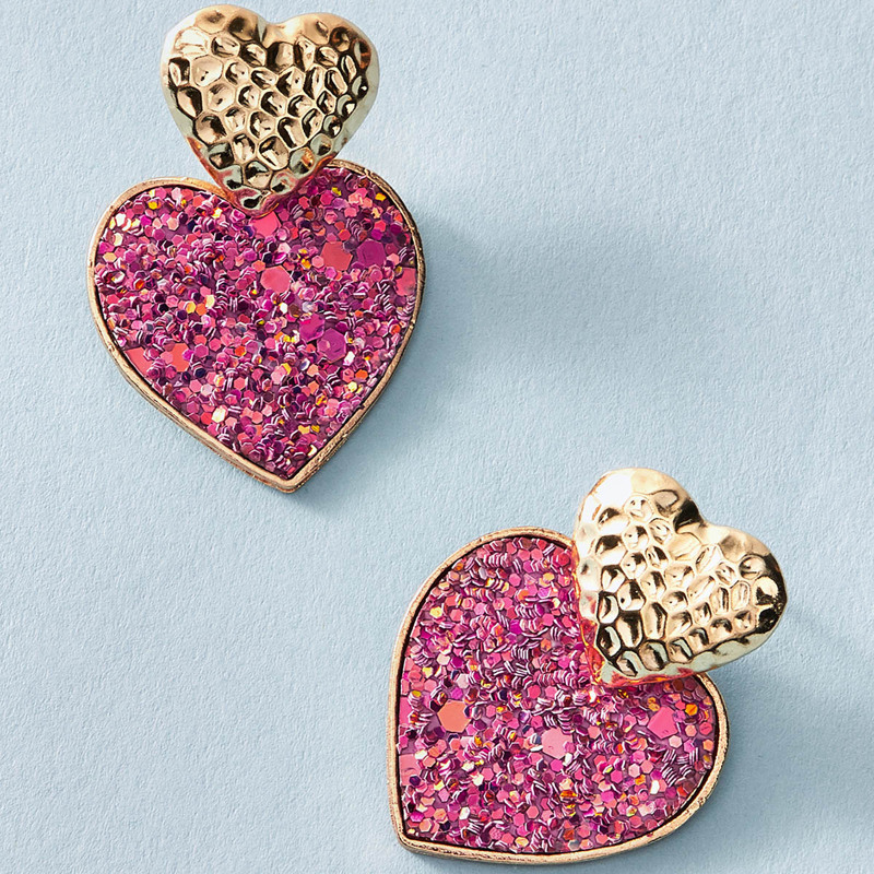 

New Year 1pair Glitter Textured Heart Drop Earrings, Pink