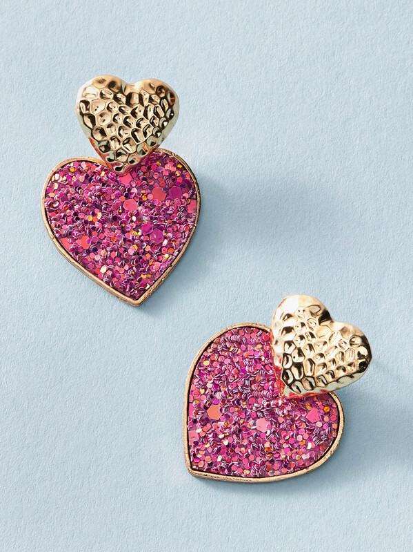 

New Year 1pair Glitter Textured Heart Drop Earrings, Pink