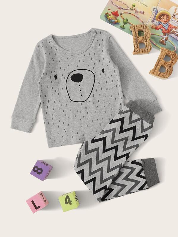 

Toddler Boys Cartoon Bear & Chevron Print PJ Set, Grey