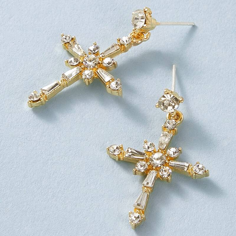 

1pair Rhinestone Engraved Cross Drop Earrings, Gold