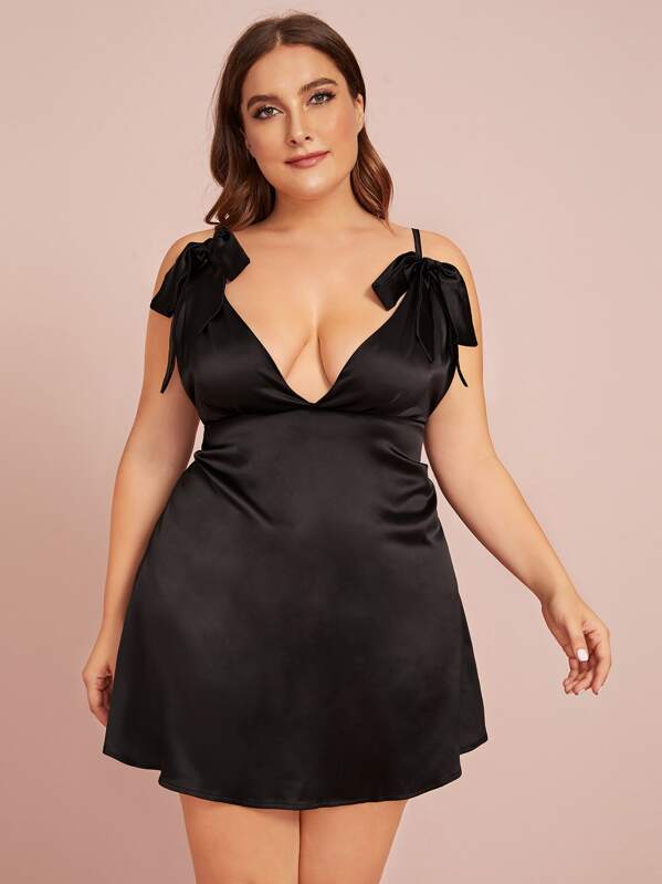 

Plus Tie Shoulder Satin Slips, Black, Franziska