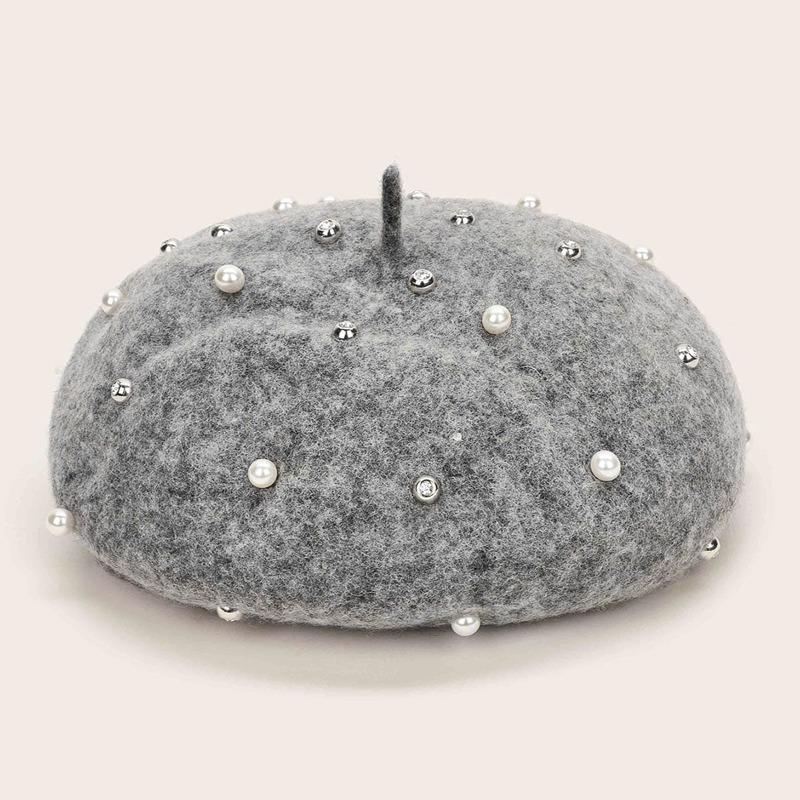 

Faux Pearl & Rhinestone Decor Berets, Grey