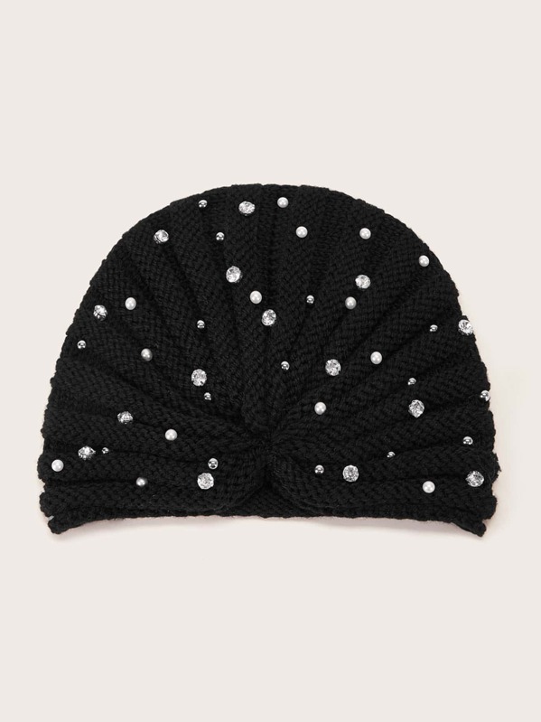 

Rhinestone & Faux Pearl Decor Knit Turban Hat, Black