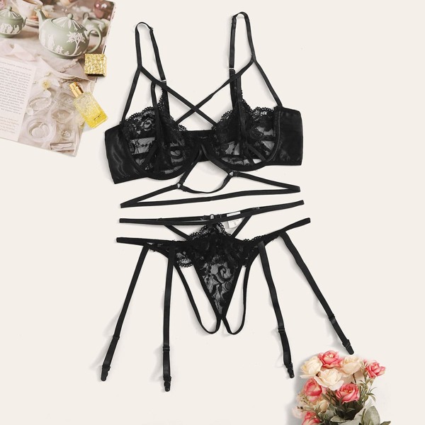 

Floral Lace Underwire Lingerie Set With Garter, Black