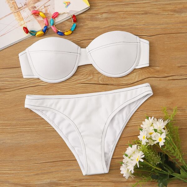 

Textured Underwire Bandeau Bikini Set With Detachable Strap, White