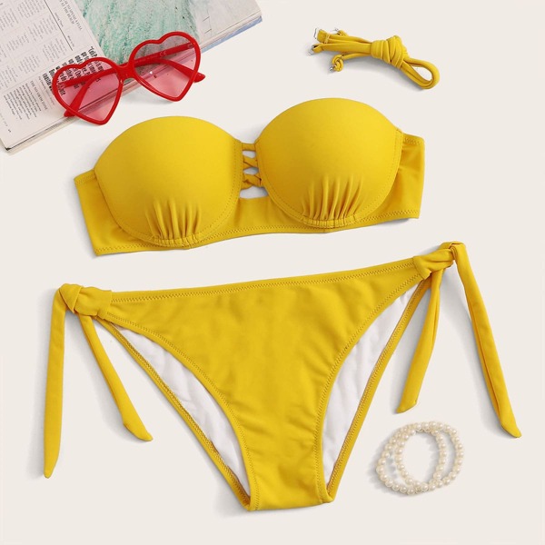 

Criss Cross Bandeau With Tie Side Bikini Set, Mustard yellow