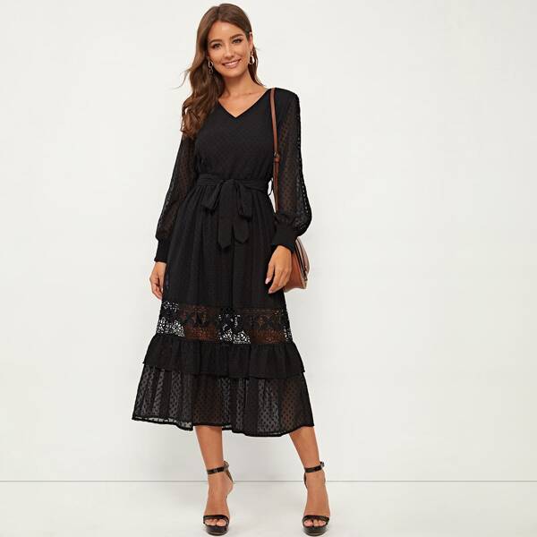 

Swiss Dot Self Tie A-line Dress, Black