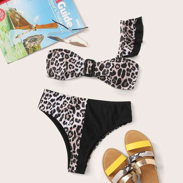 

Leopard Ruffle Trim Top With High Waist Bikini Set, Multicolor