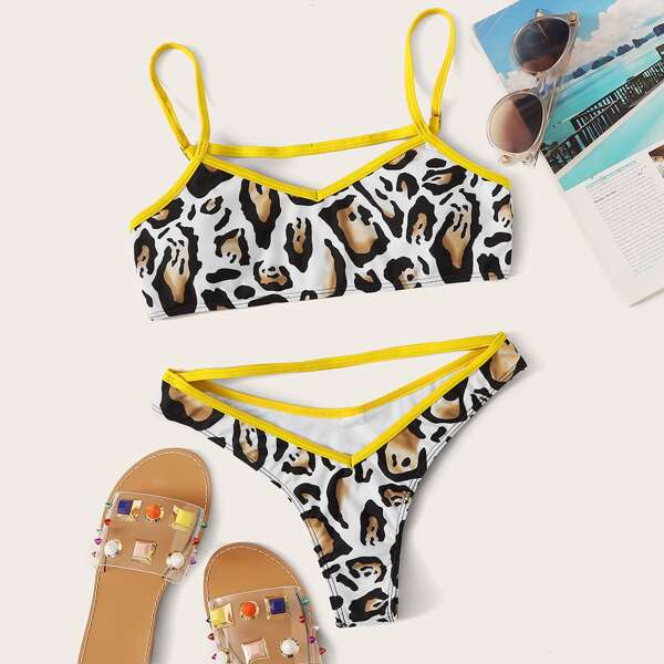 

Leopard Contrast Binding Top With High Cut Bikini, Multicolor