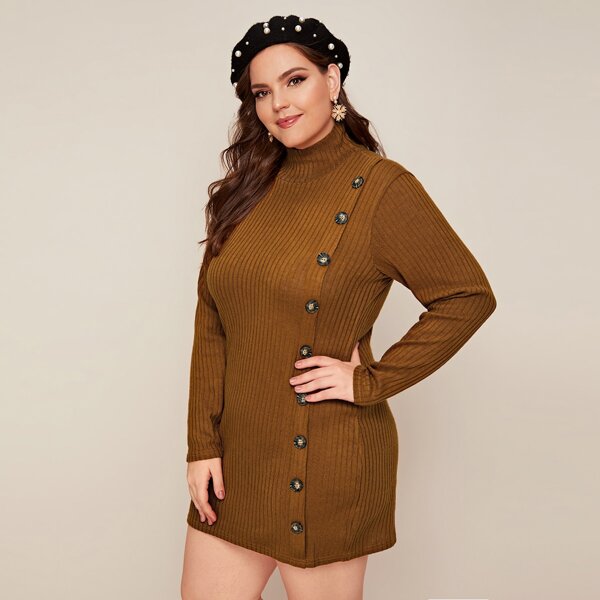 

Plus Button Detail Ribbed Knit Sweater Dress, Brown