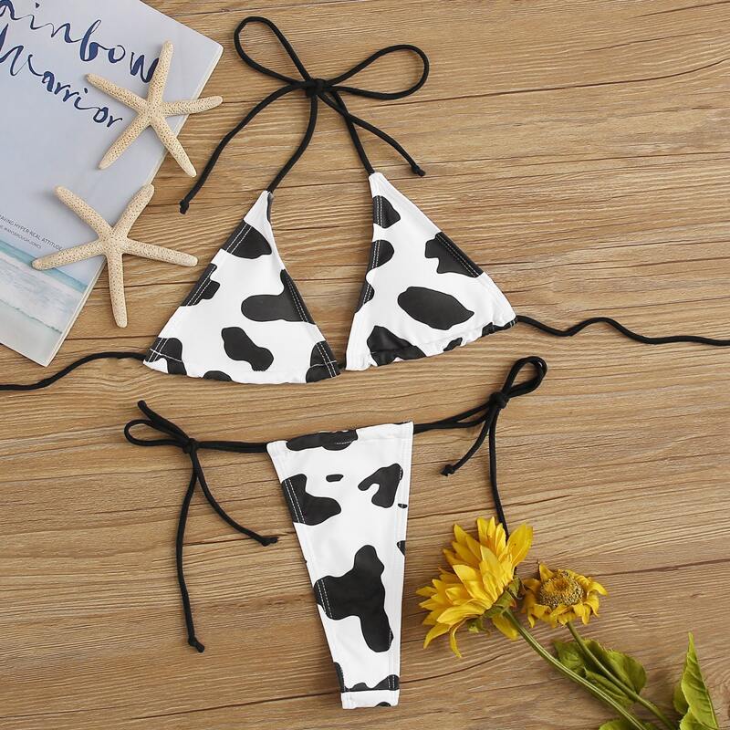 

Cow Pattern Triangle Thong Bikini Swimsuit, Black and white