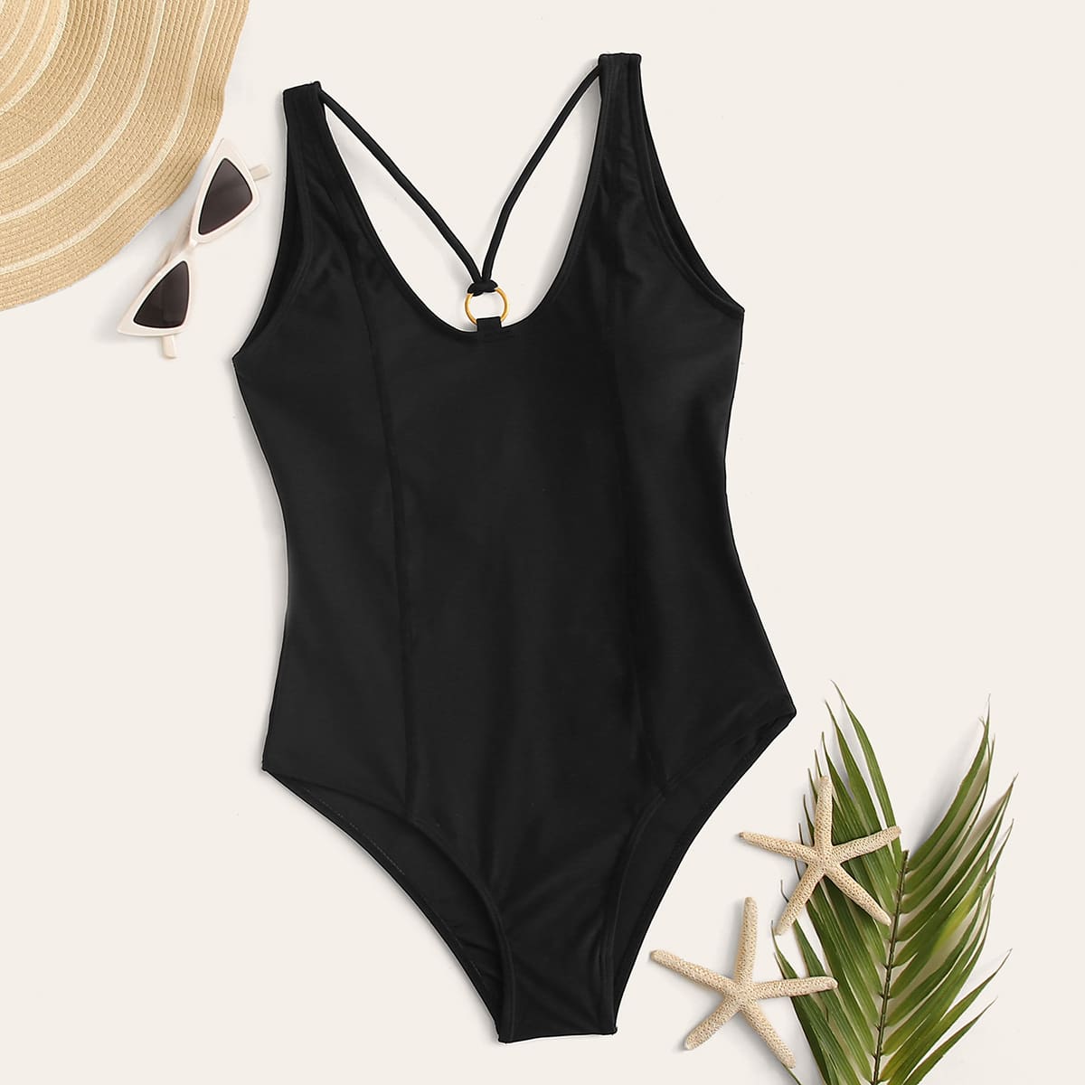Ring Linked Harness One Piece Swimwear, Black
