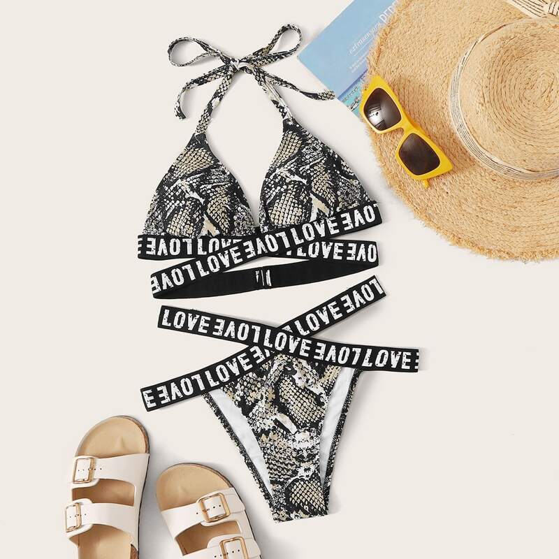 

Snakeskin & Letter Tape Triangle Bikini Set, Multicolor