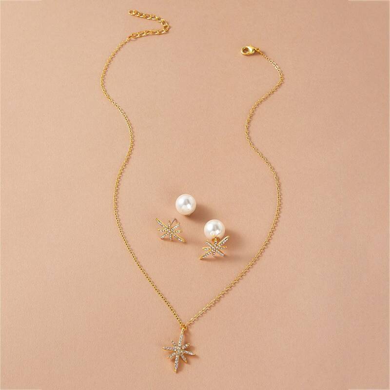 

1pc Rhinestone Engraved Necklace & 1pair Ear Jacket