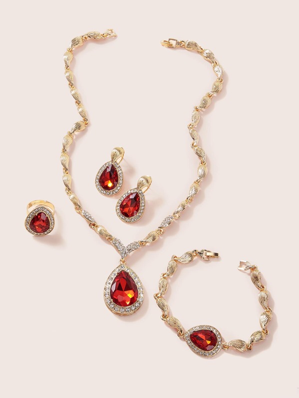 

New Year 5pcs Gemstone & Rhinestone Engraved Textured Jewelry Set