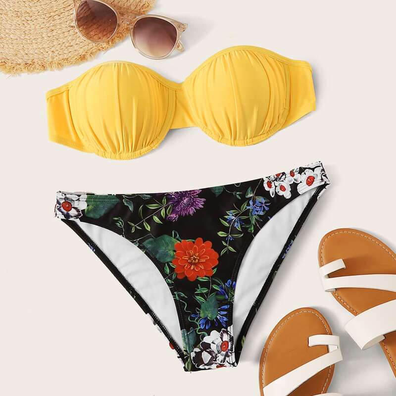 

Underwire Bandeau With Floral Cheeky Bikini Set, Multicolor