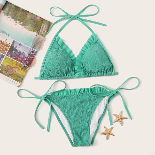 

Frill Trim Triangle Top With Tie Side Bikini Set, Mint green