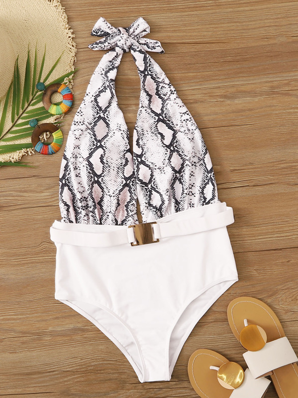 

Snakeskin Halter One Piece Swimwear, Multicolor