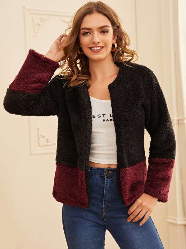 

Two Tone Open Front Teddy Coat, Multicolor, Luiza