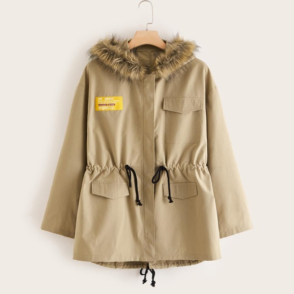 

Plus Letter Patched Drawstring Parka Coat, Khaki