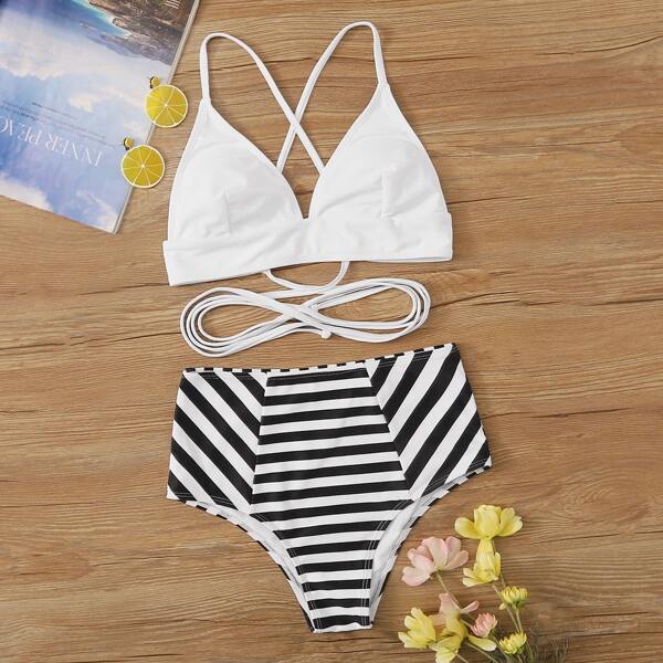 

Lace-up Top With Striped High Waist Bikini Set, Black and white