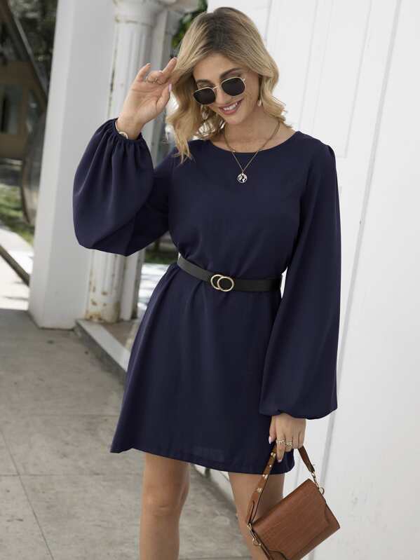 

Self Tie Bishop Sleeve Tunic Dress, Navy
