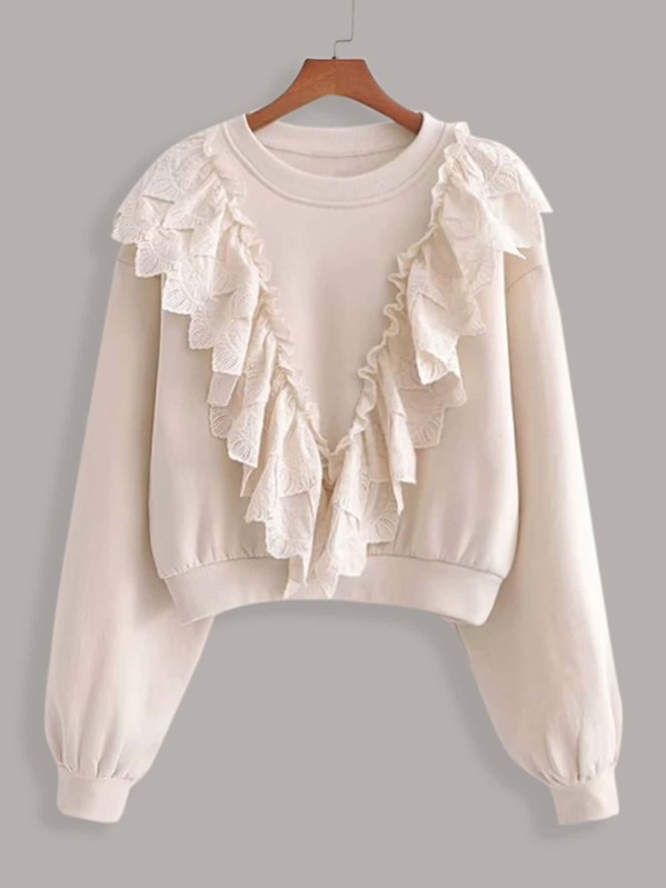 

Contrast Ruffle Trim Drop Shoulder Sweatshirt, Beige