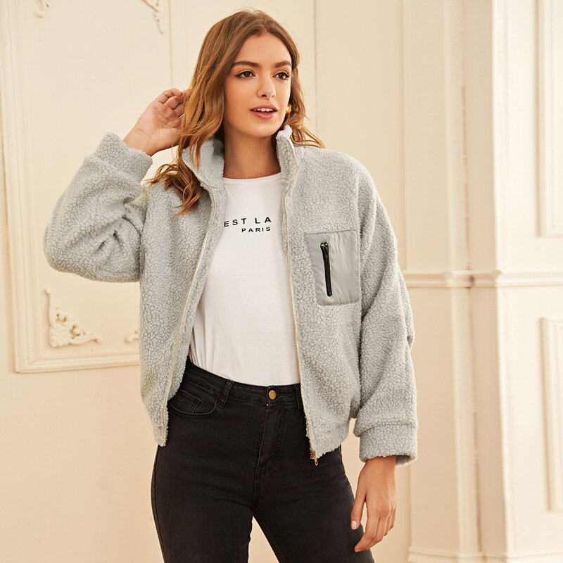 

Raglan Sleeve Zip Up Teddy Jacket, Grey