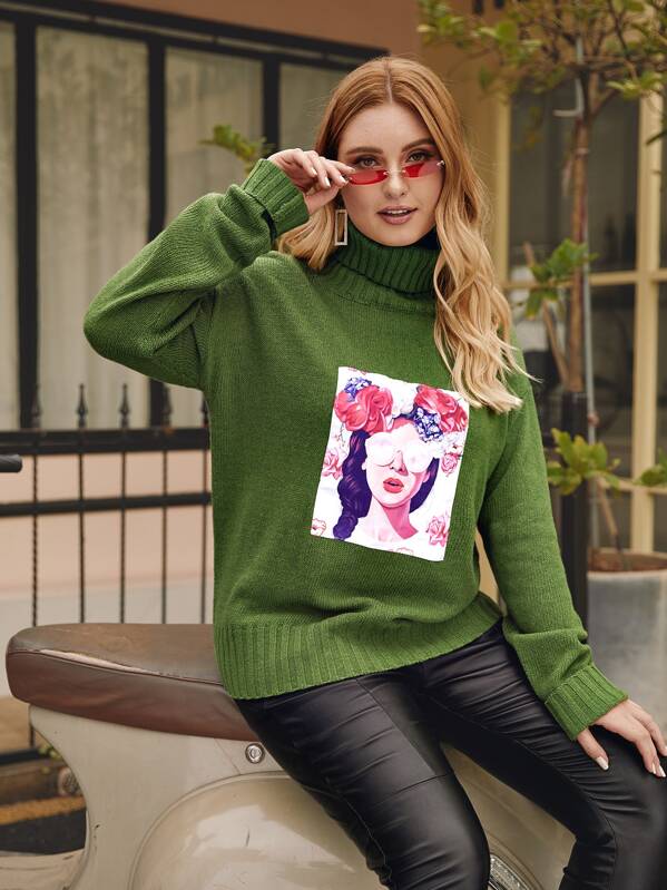 

Plus High Neck Figure Graphic Sweater, Green, Nora