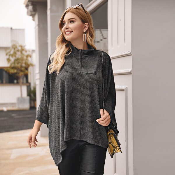 

Plus Cloak Sleeve Ribbed Knit Sweater, Grey