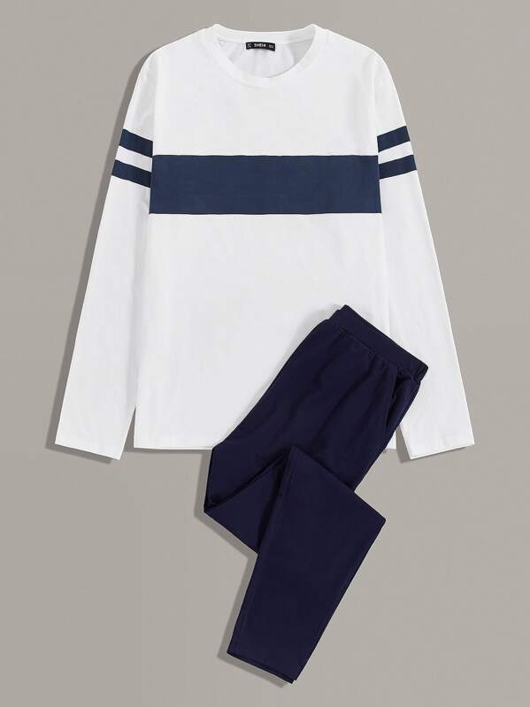 Men Striped Sleeve Tee and Pants PJ Set, Multicolor
