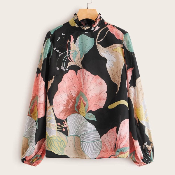 

Floral Frilled Neckline Lantern Sleeve Top, Multicolor
