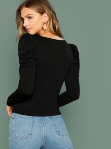 Mulvari Notched Neck Leg-of-mutton Sleeve Top - Black - View 2