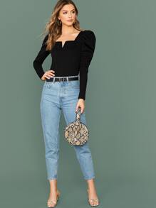 Mulvari Notched Neck Leg-of-mutton Sleeve Top - Black - View 5