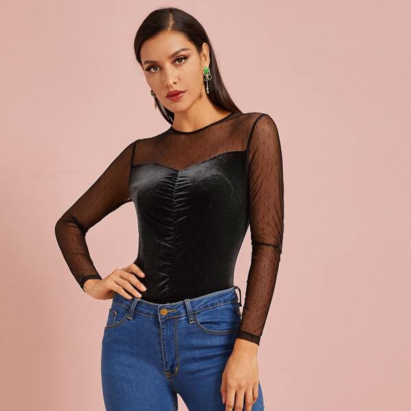 

Keyhole Back Mesh Yoke Detail Velvet Bodysuit, Black